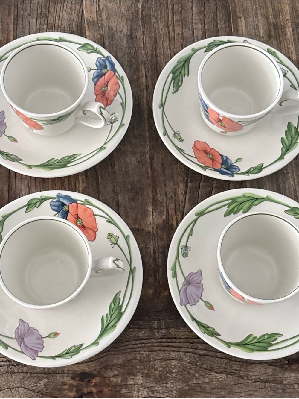 Villeroy & Boch 4 teacup and saucer set Amapola vintage 80’s collectible